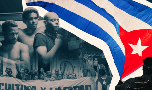 Cuba artists protest, anniversary of J11, large cuban flag